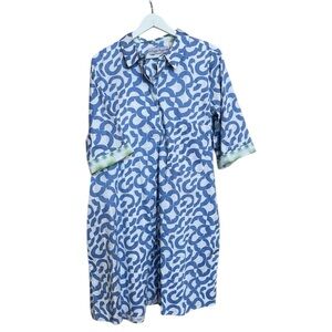 DizzyLizzie Str Cotton Midi Shirt Dress Broken Circle Blue White Green Pocket XL